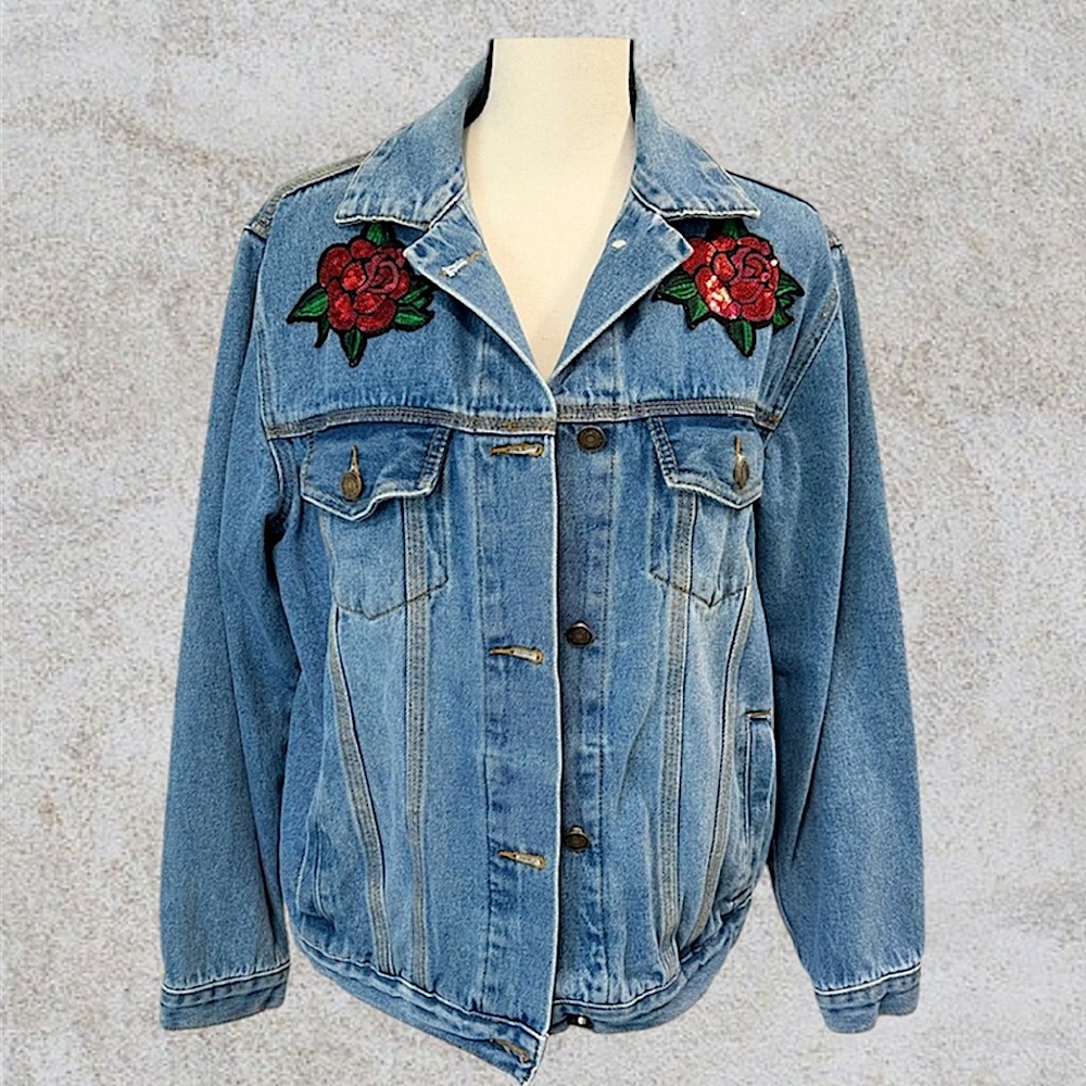Forever 21 Denim Jean Jacket Sequin Red Roses